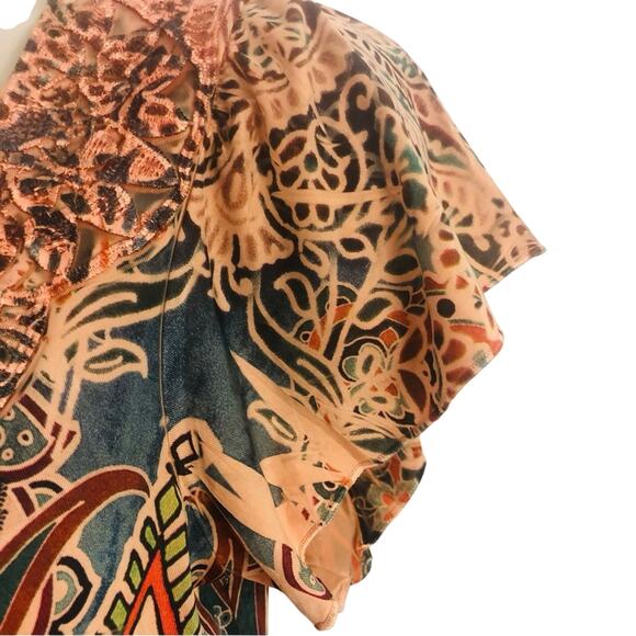 One World Flattering Multi Color Coral Paisley Pop Over Top V Neck Light Weight - Picture 7 of 16